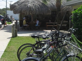 bikes stand at seafood restaurant.