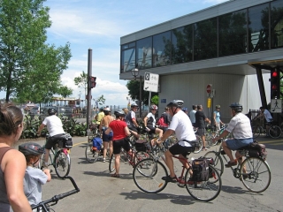 Cyclists in Quebec City getting on the ferry to Levis