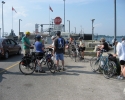 Cyclists waiting to take the ferry on Wolfe Island.